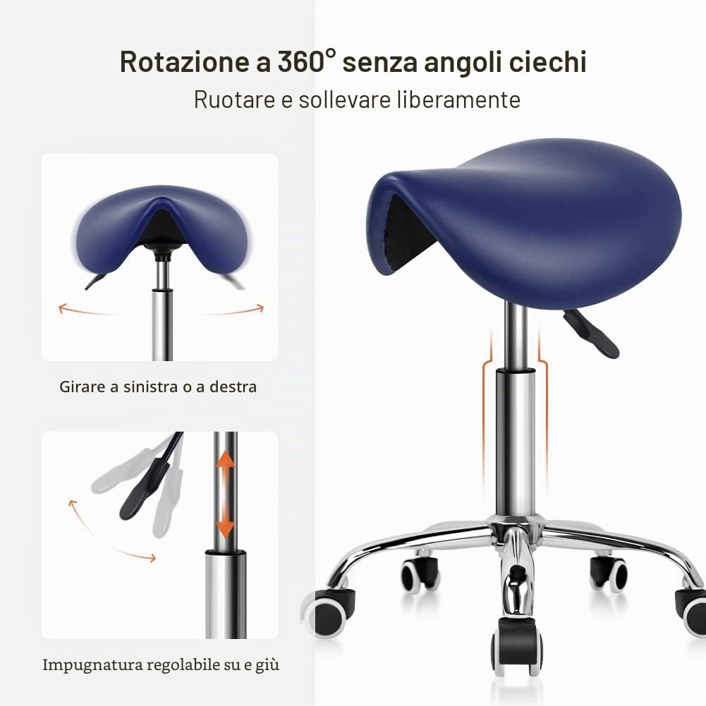 KKTONER Sgabello da Sella con rotelle Sgabello con rotelle Regolabile in Pelle PU con Ruote Colore Blu