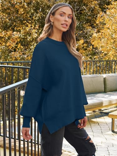 Image of LILLUSORY Women's Oversized Batwing Sweaters 2026 Fall Outfits Trendy Crewneck Knit Side Slit Fashion Pullover Tops