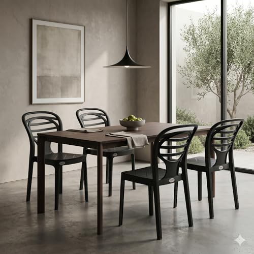 Image of Oaknest Supreme Oak Armless Plastic Dining Chair | Compact & Ergonomic Design for Home, Living Room, Balcony & Outdoor Seating | Black | Set of 4