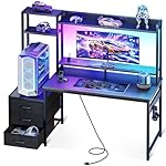 Casaottima 48 Inch Gaming Desk with Hutch & 3 Fabric Drawers, Computer Desk with USB Ports & LED Lights, Reversible Pc Gamer Table with Monitor Stand for Home Office, Carbon Fiber Black
