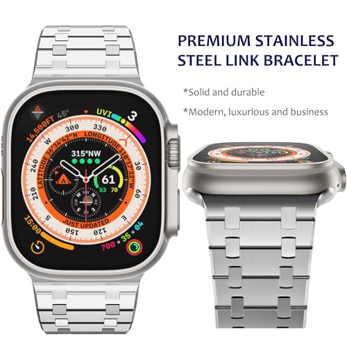 WINGLE Compatible for Apple Watch Band Ultra 4/3/2/1 Band 49mm 46mm 45mm 44mm 42mm Series 12 11 10 9 8 7 6 5 4 SE 3 2 1 Men, Stainless Steel Classy Casual Business Metal iWatch Bands, Silver by WINGLE - Used condition - Image 2