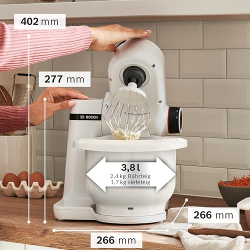 Bosch Küchenmaschine Serie 2 MUMS2AW00, 3,8l Kunststoff-Schüssel, Planetarisches Rührwerk, 4 Stufen, Knethaken/Rührbesen/Schlagbesen, spülm.fest, 700 W, weiß