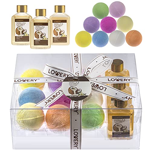 Birthday Gifts For Him. Bath Bombs Gift Set - Home Spa Set With Vanilla Coconut Shower Gel, Shampoo, Bubble Bath & 9 Huge Bath Bombs With Shea & Coco Butter, Vitamin E - Birthday Gifts #TOP21