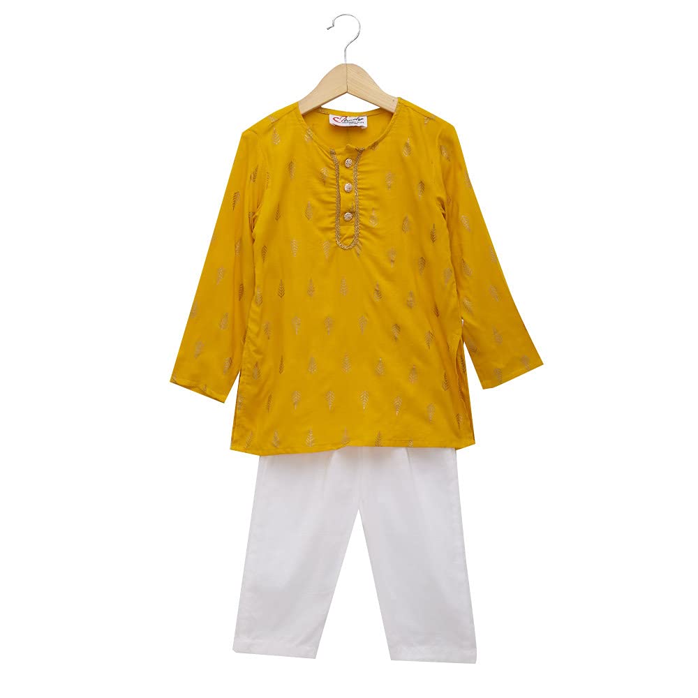Boys Cotton Golden Foil Kurta and Pyjama Set in Yellow Color