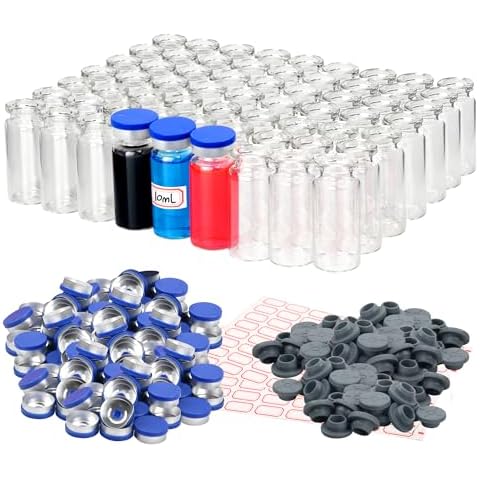 Alyoen 100 Pack 10ml Glass Vials Clear Glass Headspace Vial with Plastic-Aluminum Flip Caps, Rubber Stoppers and Label Papers, Small Glass Lab Vials Cover