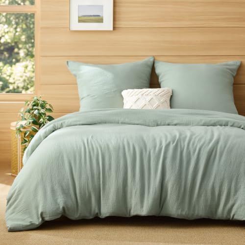 BEDSURE Musselin Bettwäsche 155x220 3teilig - Grün, 80x80 Kissen, Oeko-TEX | 100 % Baumwolle Bettwäsche-Sets, 1 Bettbezug 155 x 220 und 2 Kissenbezüge 80 x 80, mit Reißverschluss,