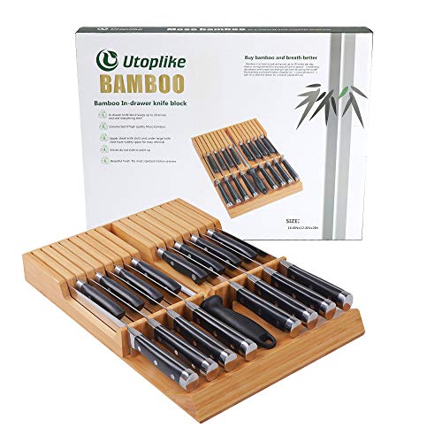 Utoplike In-Drawer Knife Block Bamboo Kitchen Knife Drawer Organizer,Large Handle Steak Knife Holder Without Knives, Fit For 16 Knives And 1 Sharpening Steel (16 Knife Organizer #TOP1