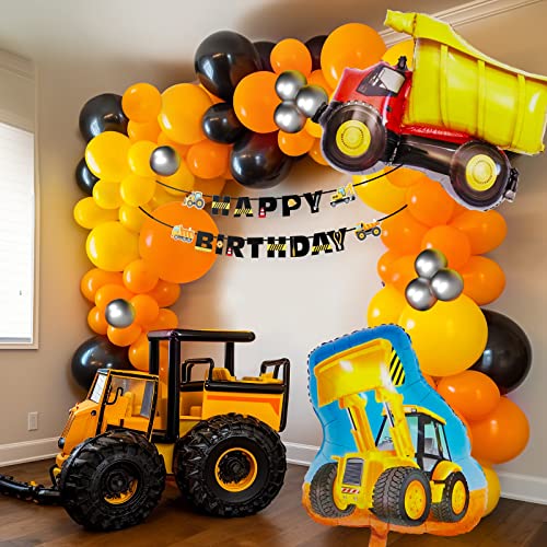 Construction Balloon Garland Arch Kit For Kids Boys Birthday Party Decorations - Black Yellow Orange Latex Balloons And Excavator Truck Foil Balloons Sets With Happy Birthday Banner #TOP1