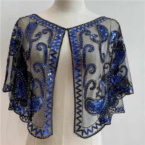 Black Royal Blue Sequin Shawl, 1920s Black Royal Blue Flapper Shawl, Womens Lace Shawls And Wraps, Evening Shawls With Sequins, Plus Size Sequin Wrap Gatsby Beaded Evening Cape2