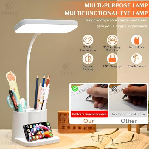 Image of Kimee Rechargeable LED Desk Lamp with Pen Holder & Phone Stand - Touch Control Study Lamp for Students, 3 Color Modes, Flexible Gooseneck, Eye-Care Table Lamp for Kids, Office & Home Work (White)