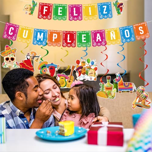 Image of Rakuto Mexican Birthday Party Decorations - 10PCS Mexican Party Decorations Feliz Cumpleanos Banner Hanging Swirls Decoration Fiesta Themed Dia De Los Muertos Cinco De Mayo Birthday Decor Supplies