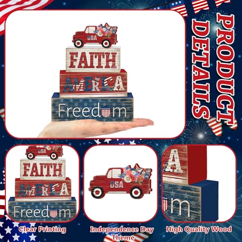 Britimes 4 Pcs Memorial Day Decor Patriotic Tiered Tray Decorations Set, 4th of July Table Sign Farmhouse Red White Blue Rustic Wooden Block Stack Sign for Home Fireplace Mantel (Independence Day Car) - Image 5