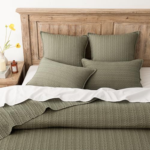 Image of Foindtower Set of 2 Decorative Cotton Waffle Weave Throw Pillow Covers Euro Shams Cushion Covers Accent European Pillowcase for Bed Couch Sofa Bedroom Living Room Home Decor 22x22 Inch Olive Green