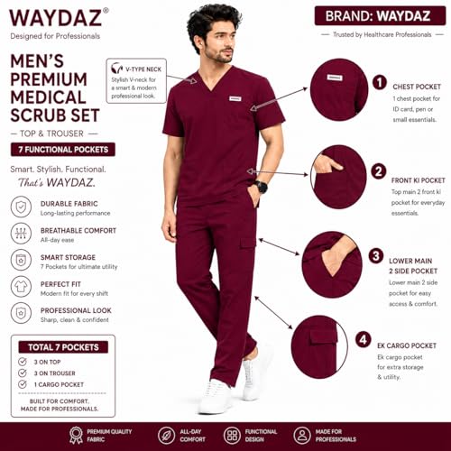 Image of Unisex Medical Scrub Suit Set, V-Neck Top with Pants, Short Sleeve, Polyester Cotton Blend, 7 Pockets, Regular Fit, Hospital Doctor Nurse Uniform