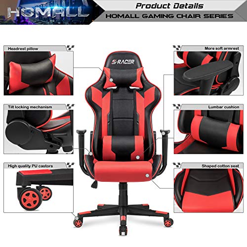 Homall Gaming Chair, Office Chair High Back Computer Chair Leather Desk Chair Racing Executive Ergonomic Adjustable Swivel Task Chair with Headrest and Lumbar Support (Red)