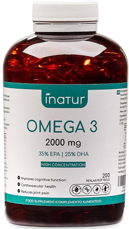 Omega 3 2.000 mg – 200 perlas | Inatur | Alta Concentración | 35% EPA (350 mg) y 25% DHA (250 mg) | Suministro para 7 meses | Vitamina E Natural | Salud cardiovascular