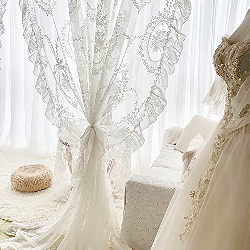 QTQHOME Blanc Dentelle Curtians Fenêtre Rideaux Voilage,Vintage Broderie De Fleurs Rideaux,Français Princesse Volants Rideaux De Fenêtre pour Chambre Balcon Mariage Décor-Blanc 150x220cm(59x87inch)