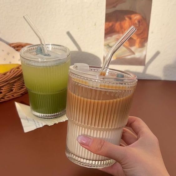 KEXES Ice Coffee Glass Tumbler, Thick Wall Water Glass Cup Mug Tea with Glass Straw and Lid 390ML Glass Sipper Ideal for Chocolate & Beverage, Mocha, Cappuccino, Shake, Juice 1