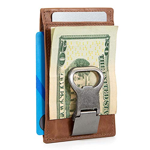 Slim RFID Leather Money Clip Wallet with Bottle Opener for Men