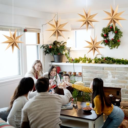 Image of SUNBEAUTY 5 Pcs 9-Pointed Natural Paper Star Lanterns 12 Inch Christmas Hanging Lamp Rustic Paper Decorations Shade Wedding Birthday Christmas Home Party Decorations
