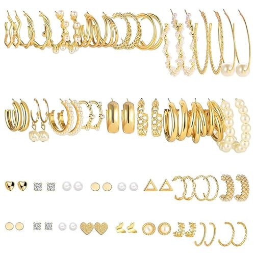 Musedimall 36 Paar Gold Damen Ohrringe Set mit Perlen & Mini Ohrsteckern Geschenk für Freundin Ehefrau Geburtstag Weihnachten Valentinstag