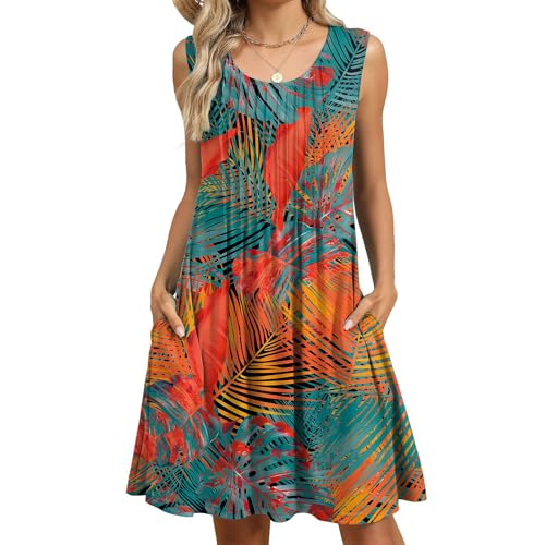 FUNSEED Robe d'été pour femme, robe d'été ample à col rond sans manches, robe longue débardeur fluide imprimée avec poche, Feuilles et fleurs, Taille XL