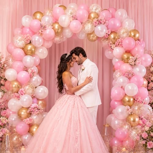 Image of Pink White Gold Balloons, 12 Inch Double Stuffed Pearl Pale Baby Light Pink White Sand Metallic Gold Latex Balloon Polka Dot Balloons for Fairy Birthday Wedding Baby Bridal Shower Party Decorations