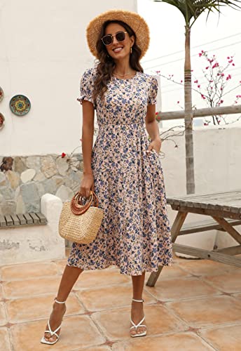 Image of NAVINS Womens Floral Print Modest Wedding Guest Midi Dress with Pockets | Puff sleeve tiered boho dress for summer, church, and vacations. Elastic waist, Below knee, hand or machine wash.