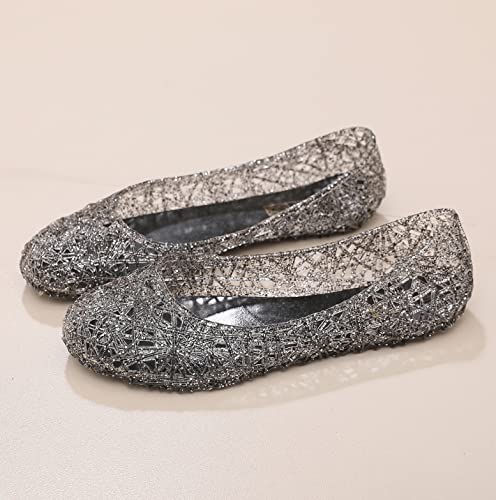 OMGard Womens Jelly Sandals, Black Jelly Shoes Glitter Flats for Women Size 6.5, Slip On Summer Ballet Flats Transparent Layered Lines Bird Nest Soft Hollow Out Loafers