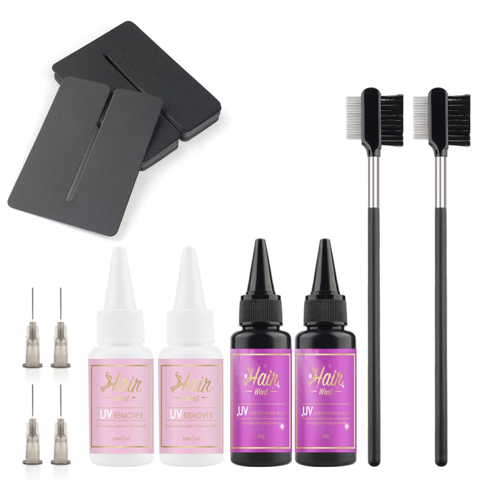 Hair Want UV Lamp Hair Extension Kit Anti-UV Shield Guards 30g UV Glue with 30ml Glue Remover for UV Hair Extensions Fast Drying Replacement