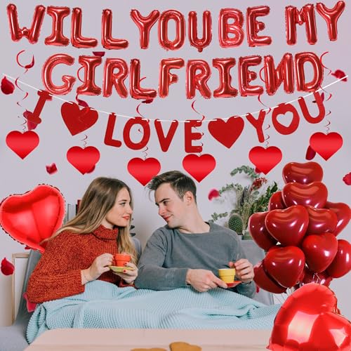 Will You Be My Girlfriend - 554 Pcs Proposal Decorations Including I Love You Banner Heart Foil Balloon Red Letter Balloons Artificial Rose Petals For Valentine Day Supplies - Image 4