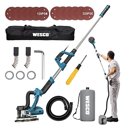 WESCO Lixadeira de parede elétrica 750W com sistema de vácuo automático de mangueira de poeira 6 velocidades variáveis extensíveis alça de alumínio luz LED bolsa coleção poeira 12