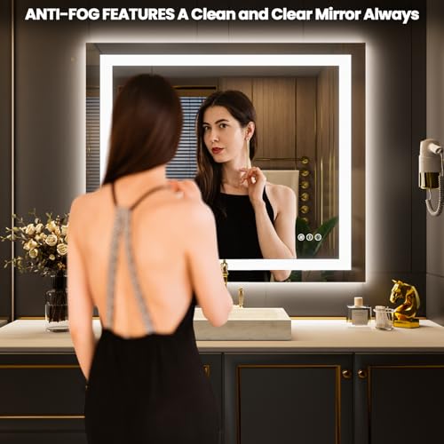 Image of LOAAO 40 inchx34 inch LED Bathroom Mirror with Lights, Anti-Fog, Dimmable, Backlit + Front Lit, Lighted Bathroom Vanity Mirror for Wall, Memory Function