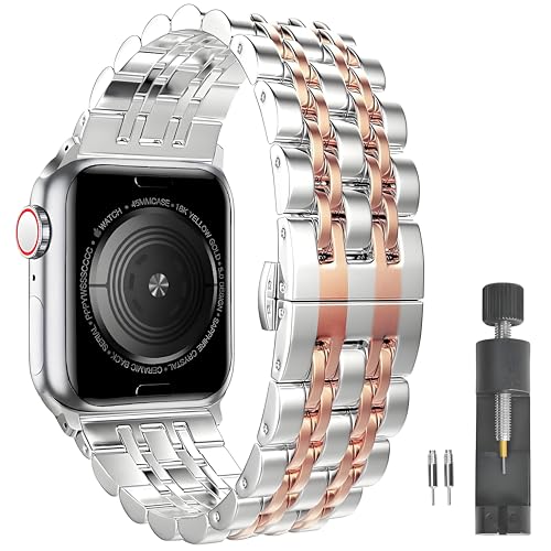 PUGO TOP Stainless Steel Band Compatible with Apple Watch 49mm 46mm 45mm 44mm 42mm 41mm 40mm 38mm, Business Strap for iWatch Series 11 10 9 8 7 6-1, SE3 2 1, Ultra 3 2 1, Two-Tone Metal Bands w/ Butterfly Clasp for Men&Women, Adjustable Links w/ Removal Tool