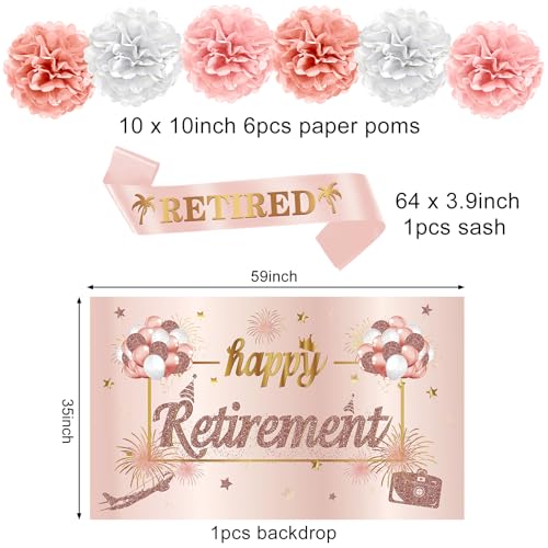 Image of Kuxriox 20PCS Retirement Party Decorations Kit for Women, Pink Rose Gold Retirement Backdrop Balloons Honeycomb Centerpiece Swirl Paper Pompoms Party Supplies, Retired Sash Table Topper Swirls Set