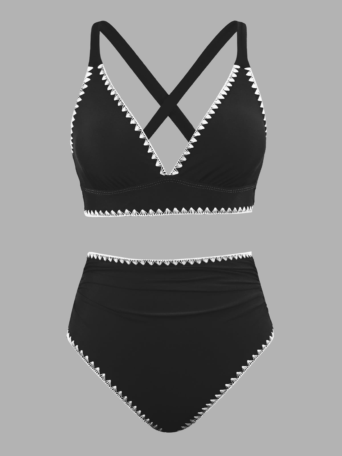 CUPSHE Ensemble bikini taille haute pour femme - Col en V profond croisé dans le dos - Coutures nouées - Couverture complète froncée | Maillot de bain, bonnets souples amovibles, col en V profond, froncé, couverture complète, bordure cousue