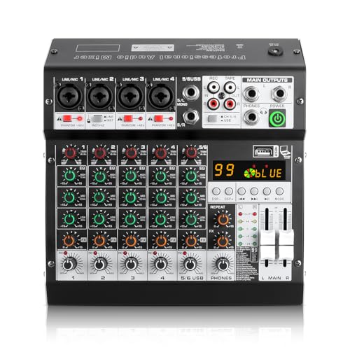 XTUGA 6M 6 Channel Audio Mixer with 99 DSP Effects, DJ Sound Board Mixing Console for Podcasting, Recording, Performances, 48V Phantom Power, Bluetooth