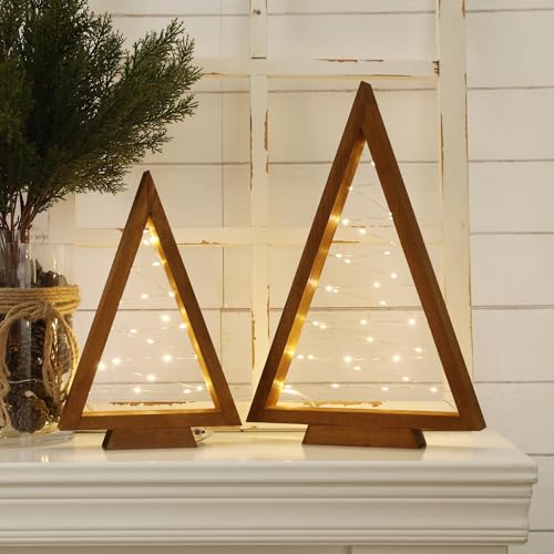 Christmas Decorations-2PCS Light Up Wooden Christmas Tree- Handmade Tabletop Christmas Tree with Light for Farmhouse Home Kitchen Table Mantle Shelf Party Decor