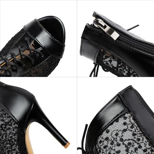 Image of Women's Lace Up Dance Heels Open Toe Mesh Sparkling Sequin Booties Peep Toe Stiletto High Heel Dance Shoes
