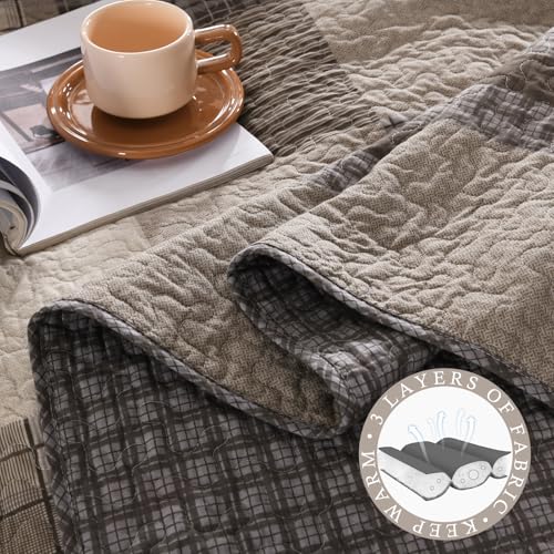Image of 100% Cotton Oversized King Bedspread 128x120, Brown Khaki Plaid