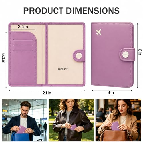 Image of ZOPPEN Passport Holder for Travel Essentials, RFID Blocking PU Leather Water-Resistant Lightweight Passport Cover with Multiple Card Slots, Easy to Carry Travel Wallet for Women Men, Elegant Purple