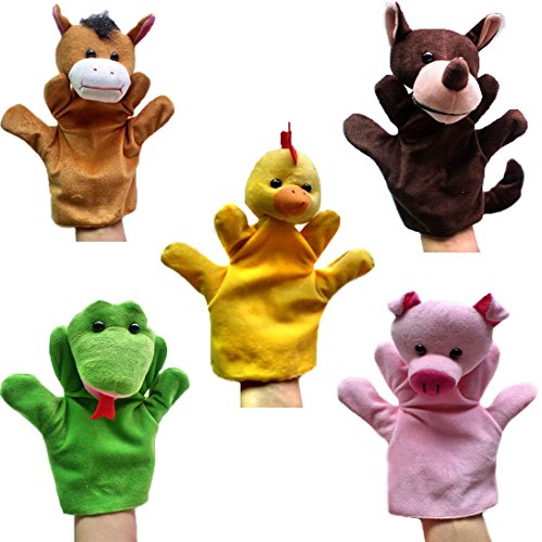 Happy Cherry - (Set de 5 Marionetas de Manos Juguetes de Peluche Animales para Niños niñas Bebes Cuentacuentos - Caballo/ Serpiente/ Lobo / Gallina / Cerdo