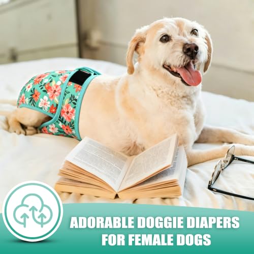 Image of Langsprit Female Dog Diapers for Doggie Puppy,Reusable Dog Period Diapers Female for Heat Peeing,Small Medium Large Doggy Diaper Washable,Dogs Pants 5 Pack, Colorful Flowers, Medium