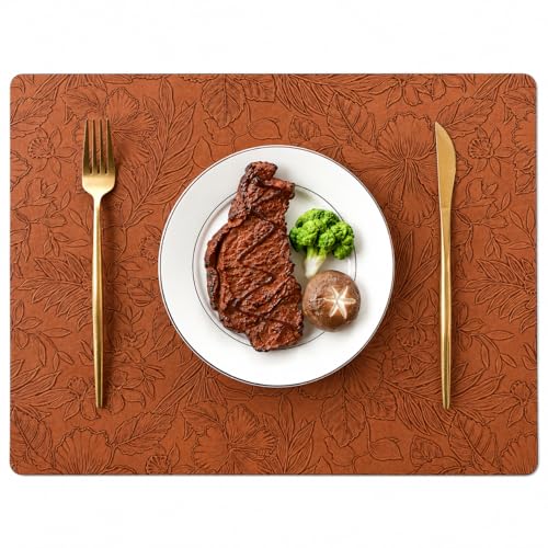 Image of Yelona Premium Faux Leather Placemat Set of 6 | Printed Floral Design, Waterproof & Heat Resistant Table Mat | Non-Slip, Washable for Dining, Kitchen & Home Decor (Brown, 43 x 30 cm)