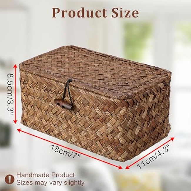 Handwoven Seagrass Basket Wicker Shelf Basket with Lid Rectangular Multipurpose Desktop Organizer Bin for Key Remote Control, Small,7.0 x 4.3 x 3.3