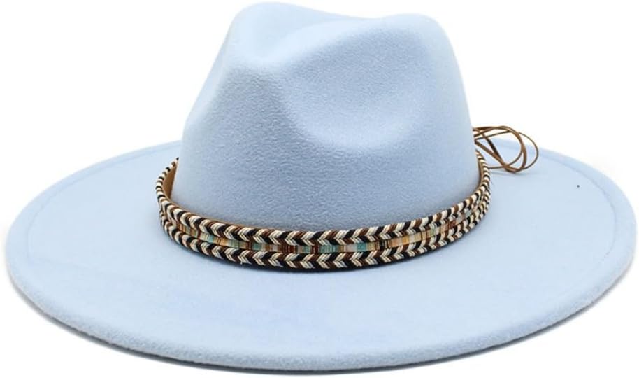 Wide Brim Wool Fedora Hat, Western Style with Beaded Band, Khaki