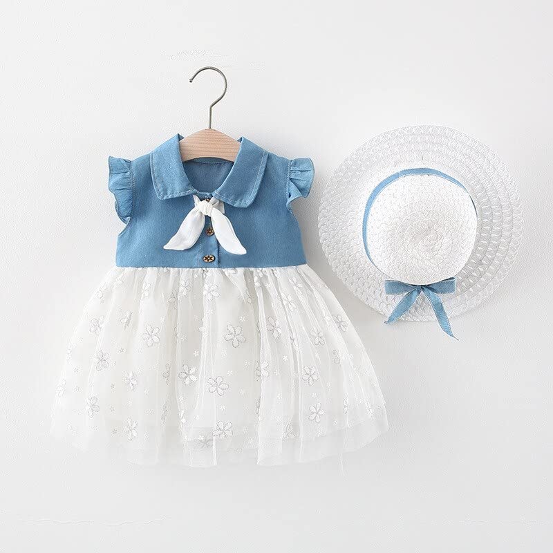 Image of Bold N Elegant Cap Sleeve Denim Embroidered Midi Party Dress Frock with Hat Dress for Infant Toddler Girl Baby Girl