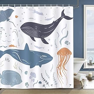 Bonhause Whale Fish Shower Curtain 180 x 180 cm Kids Ocean Animal Bathroom Curtain Waterproof Mildew & Mould Resistant Polyester Fabric Bath Curtain with 12 Hooks