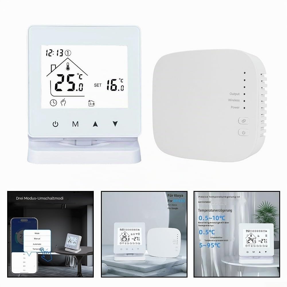 Funkthermostat mit RF433-Anschluss für Fußbodenheizung und Wandkessel mit einstellbarer Temperatur von 5 bis 95 Grad Celsius