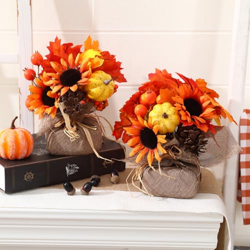 FestalMart Fall Decor - Fall Decorations for Home-2PCS Artificial Pumpkin Sunflower and Maple Leaf Berry Pine Cone Bouquet for Thanksgiving Harvest Autumn Tabletop Home Kitchen Decor - Image 3